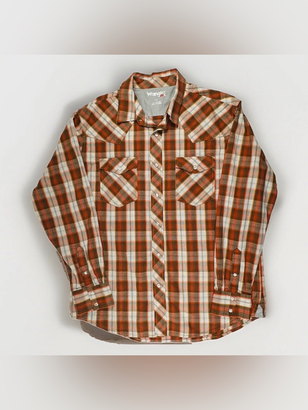 Wrangler 20X Mens XL Plaid Western Shirt Pearl Snap Long Sleeve Orange Stretch